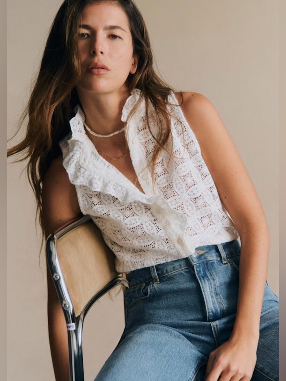 SEZANE Celinda Blouse Guipure Lace Ruffled Chemise Luxury Eur 38 Cottagecore